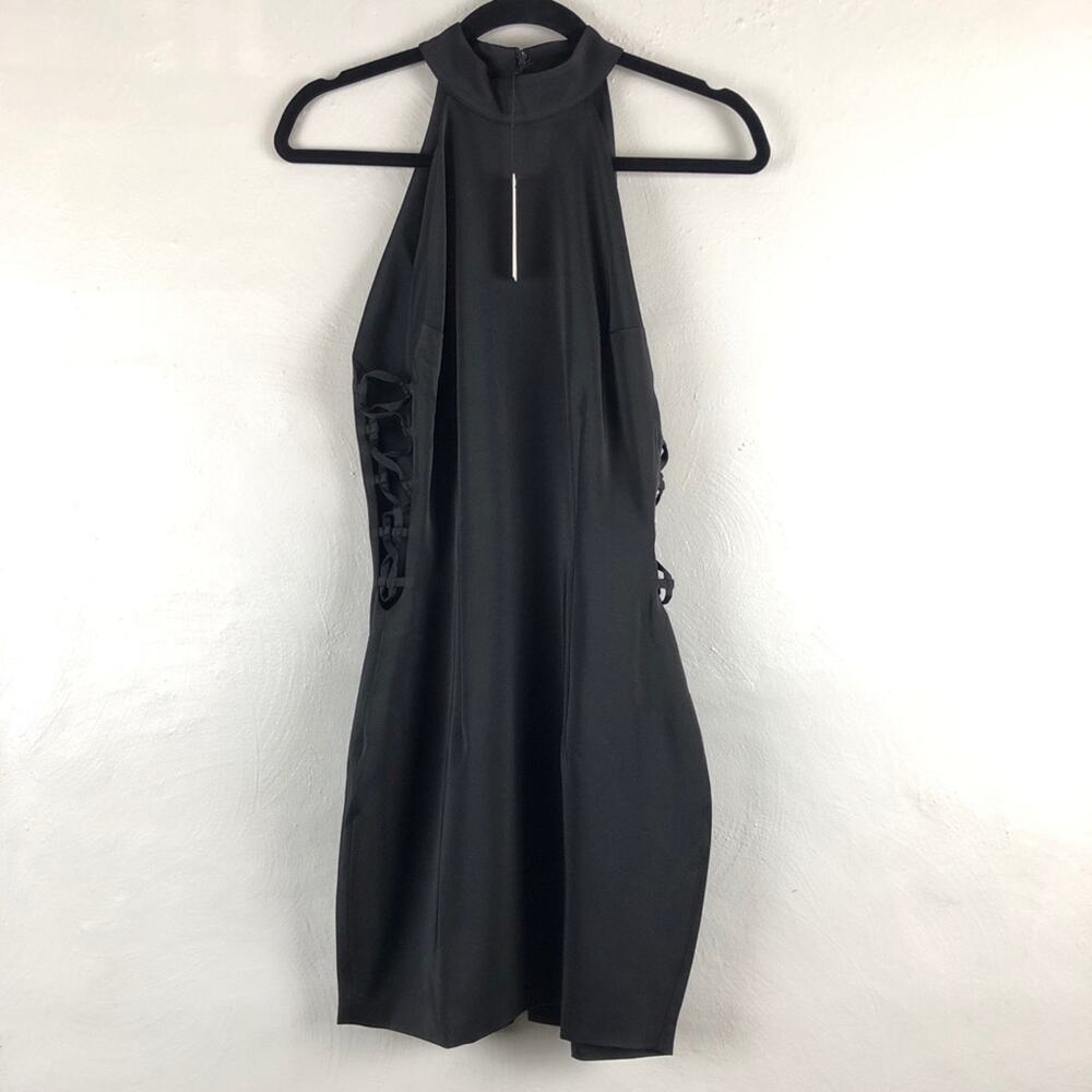 Capulet Black High Mock Neck Cut Out Side Sleeveless Cocktail Bodycon Mini Dress